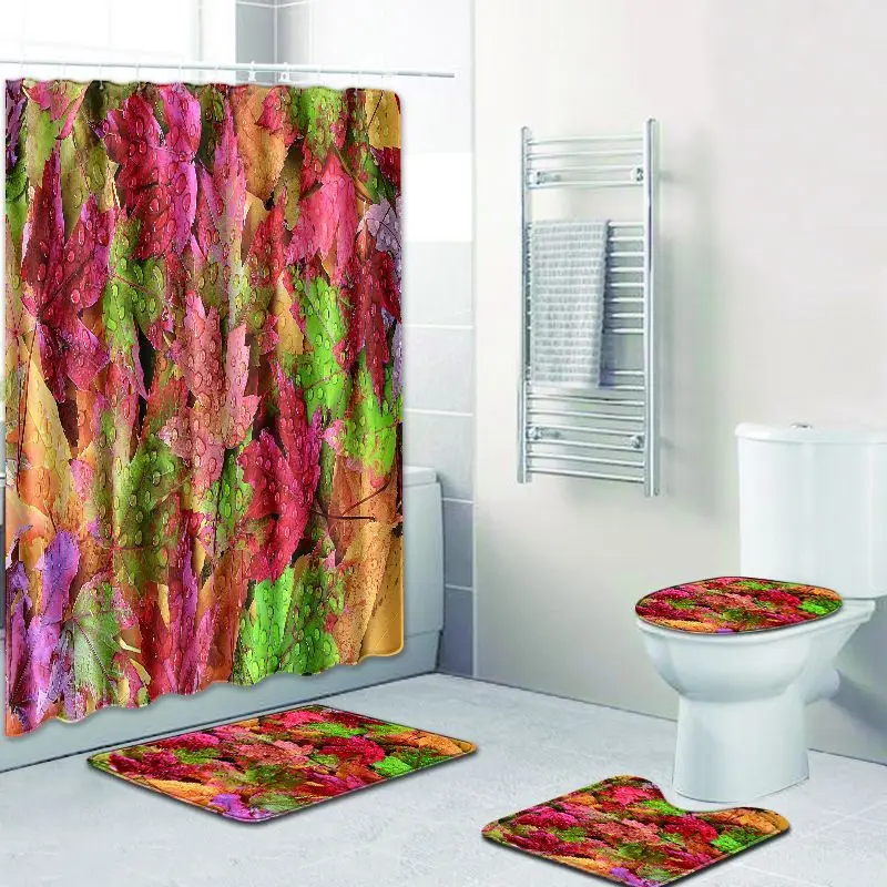 

4pcs/set Leaf Flower Pattern Shower Curtain Foot Pad Waterproof Polyester Anti-slip Bath Mat Toilet Seat Cover Carpet Home Decor