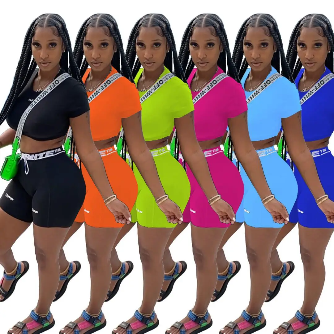 

Women Casual Suit 2020 Summer Solid Color Letter Print Round Neck Sexy Crop Top & Drawstring Short Pants Fashion Two Piece Set