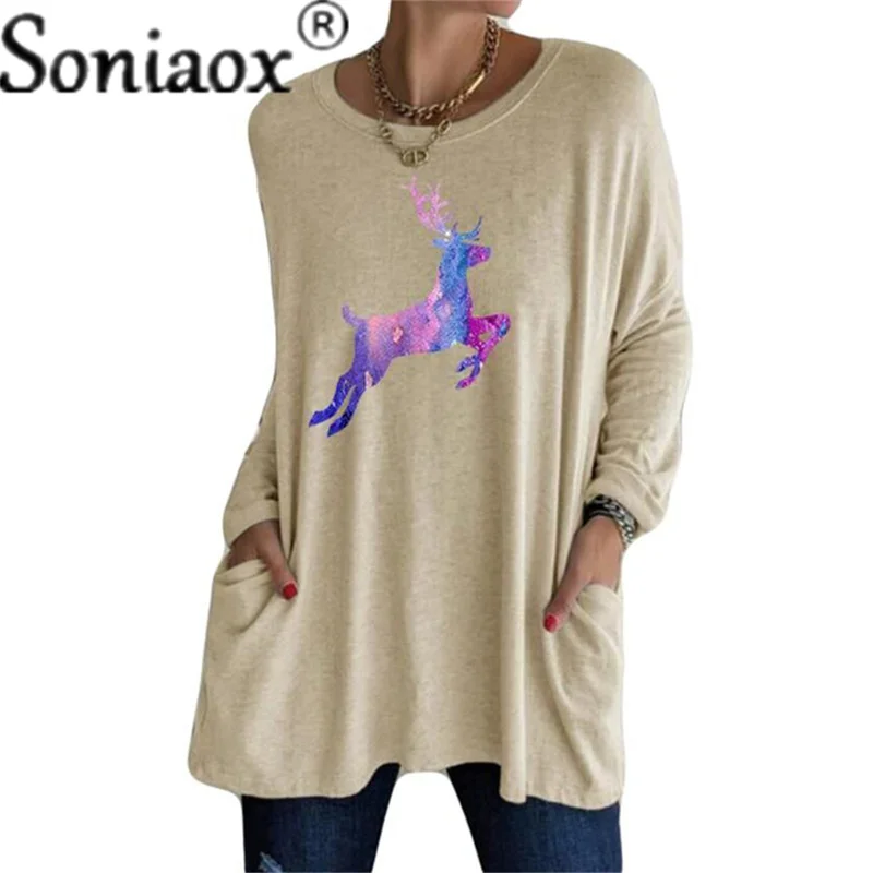 Women Fashion New Splice Elk Printed Pockets Long Sleeve Sweatshirt For Autumn Blended O-Neck Loose Casual Pullover Tops Female