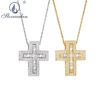 

Slovecabin Gold Long Chain Double Cross Pendant Necklace 925 Sterling Silver Japan Wholesale Men Women Luxury Zircon CZ Jewelry