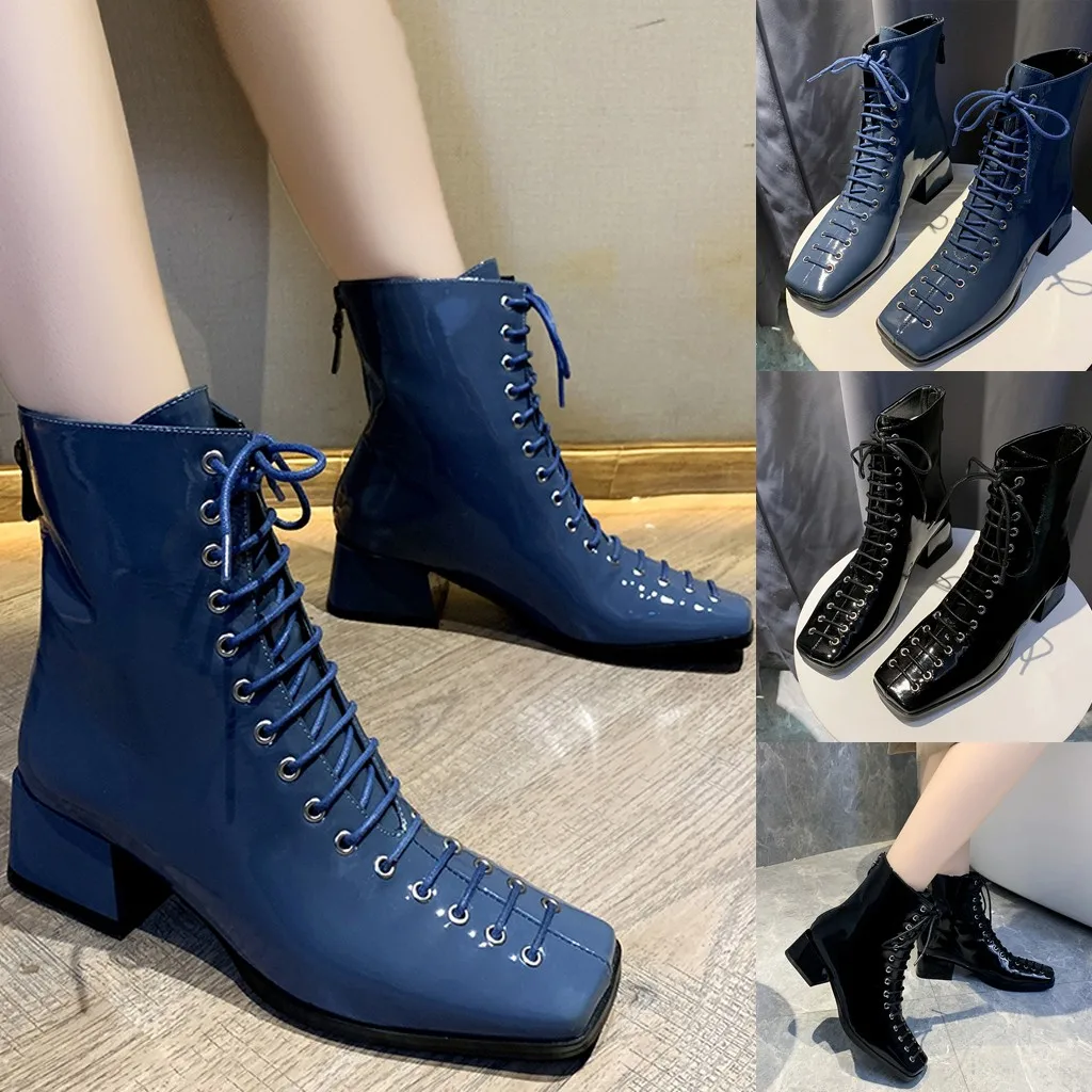 2020 autumn Winter new Women Fashion Patent leather Lace-Up Square Toe Ankle Boots Mid High Shoes warm winter boots women #O13 | Обувь