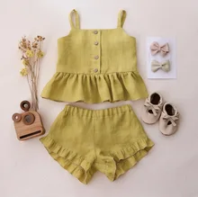 Costume d'été pour bébé fille, hauts + short, gilet, harnais, Falbala, en coton et lin, couleur unie, nouvelle collection