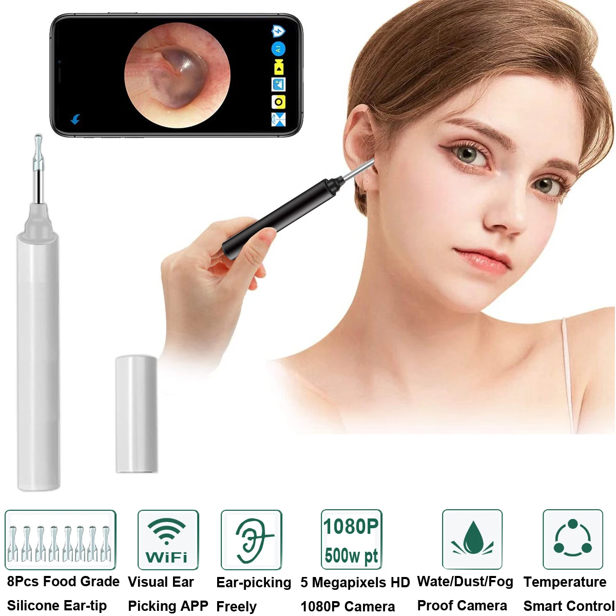 WiFi Smart Earpicks Ear Wax Removal Tools with LED Light APP Visual
