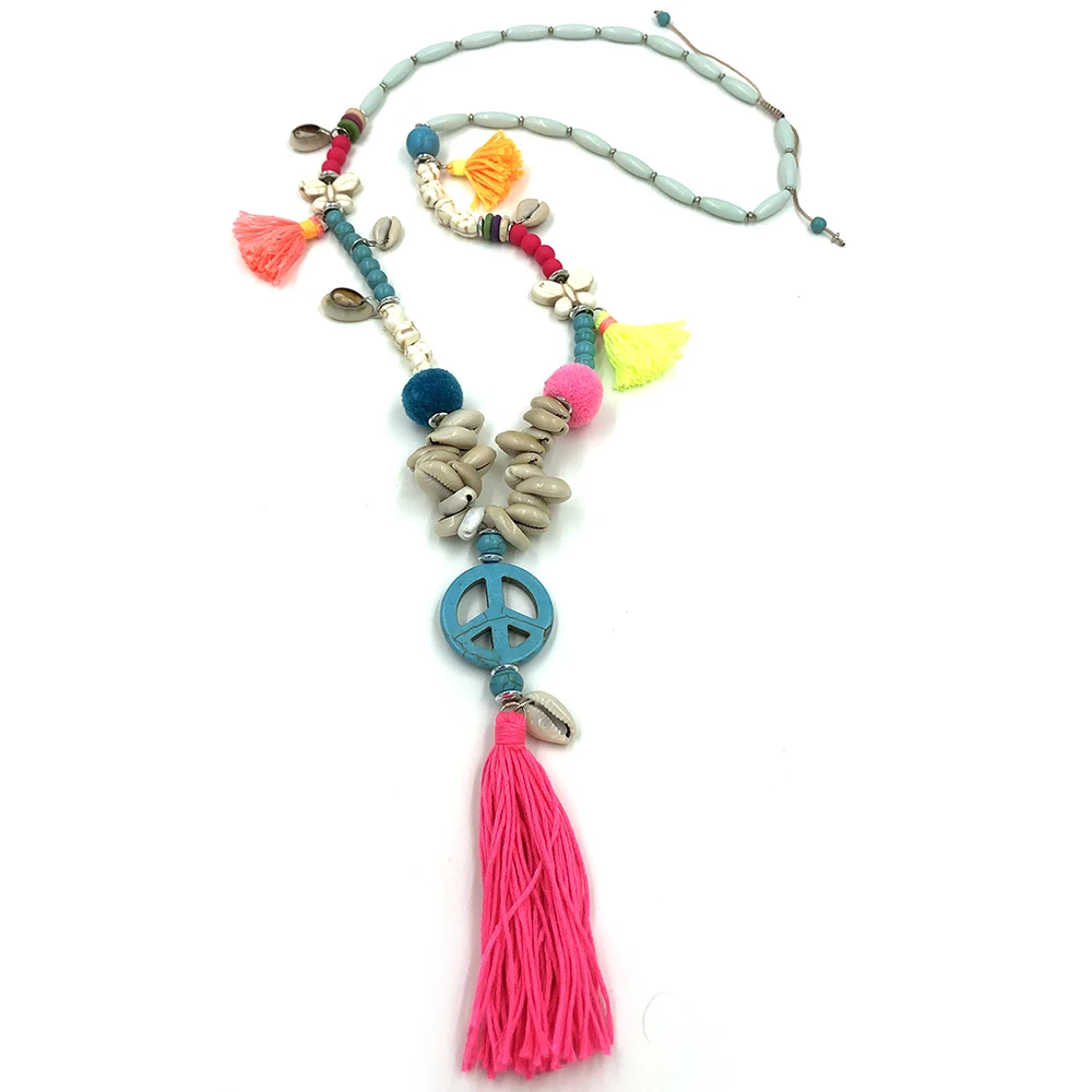 Boho Jewelry Cotton Tassel Bohemia Necklace Peace Symbol Charm Long Necklaces Sea Beach Shell Chain Necklace - Necklace - AliExpress