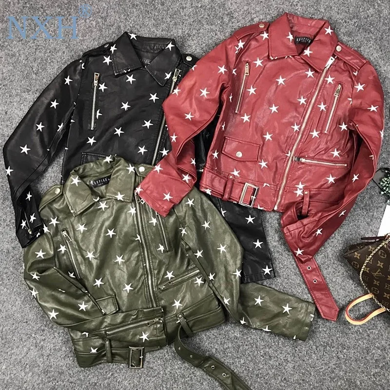 NXH Street Fashion PU Leather Jacket New Womens Star Embroidery Casual Motorcycle Jackets bright streetwear clothes women