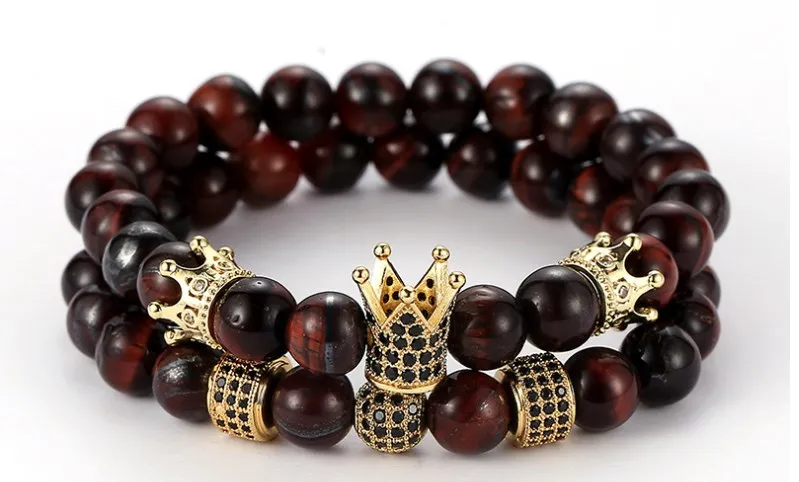 8 мм 2 шт./компл. th43 Эластичный регулируемый натуральный красный тигровый шарик микро проложить cz Циркон кубический цирконий Шарм макраме браслет с короной