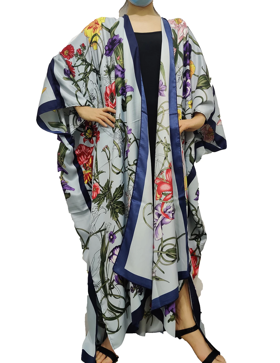 Elegant Floral 2021 Middle East Kuwait Summer Printed Silk Kimono For Lady Traditional African Dashiki Muslim Women Clothes