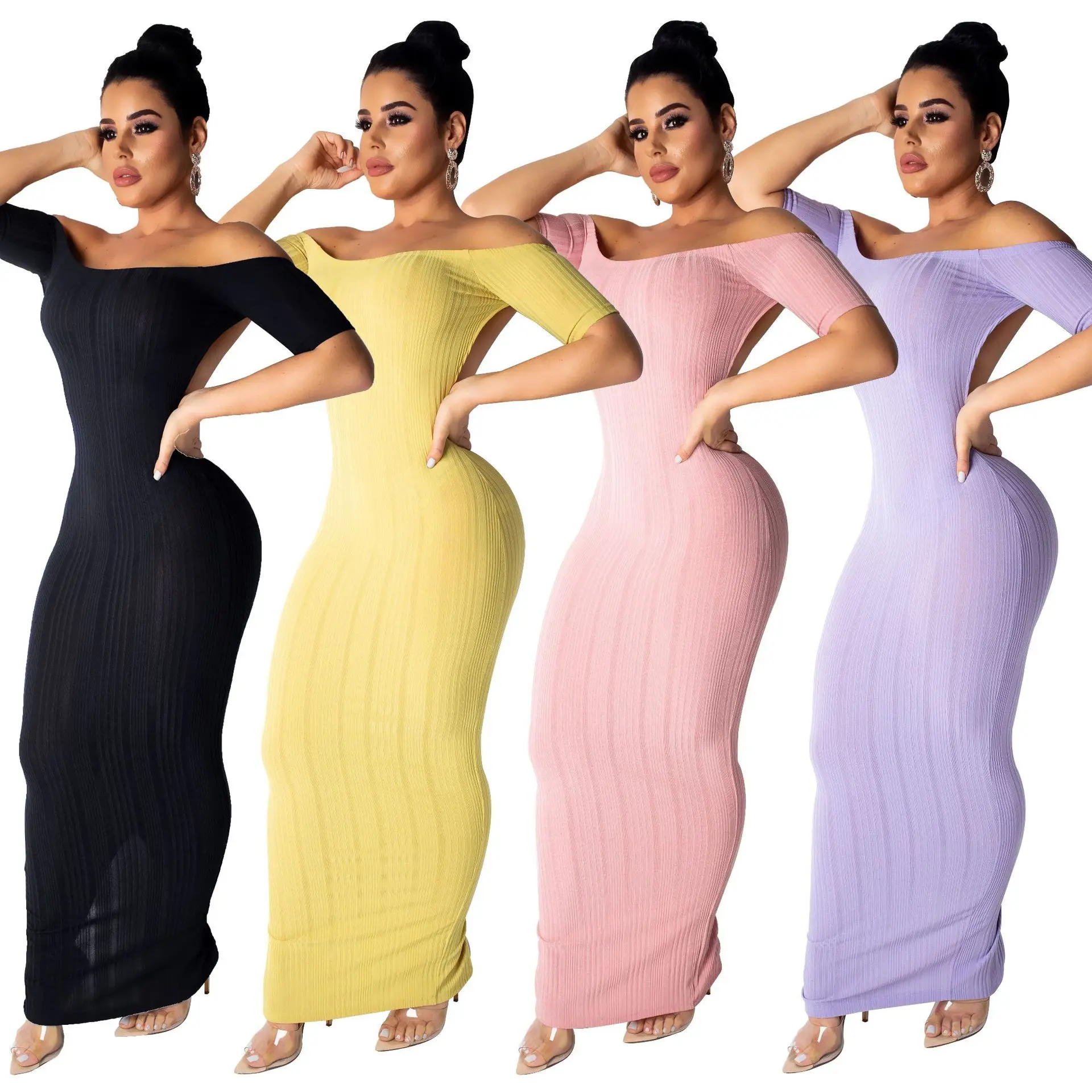 

2019 Summer New Arrival Fashion Striped Sexy Backless Tube Top Short Sleeve Dresses One Shoulder Ankle Length Mid Waist S-XXL