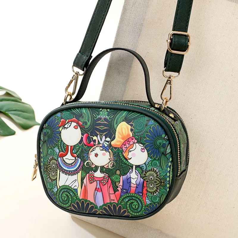 

Ougger Small Women Bag Over Shoulder Handbags Green PU Fresh Style Circular Bag with Cartoon Printing for Seaside,Beach