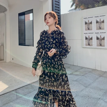 

YAMDI print floral chiffon dresses party long sleeve a-line vintage woman 2020 spring summer elegant korean midi dress women new