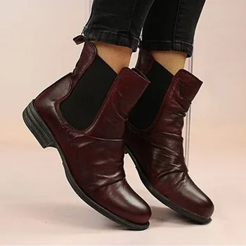

Square Heel Ankle Vintage Boots For Women Round Toe Low Slip-On Autumn Winter Boots Buckle Shallow Solid Shoes