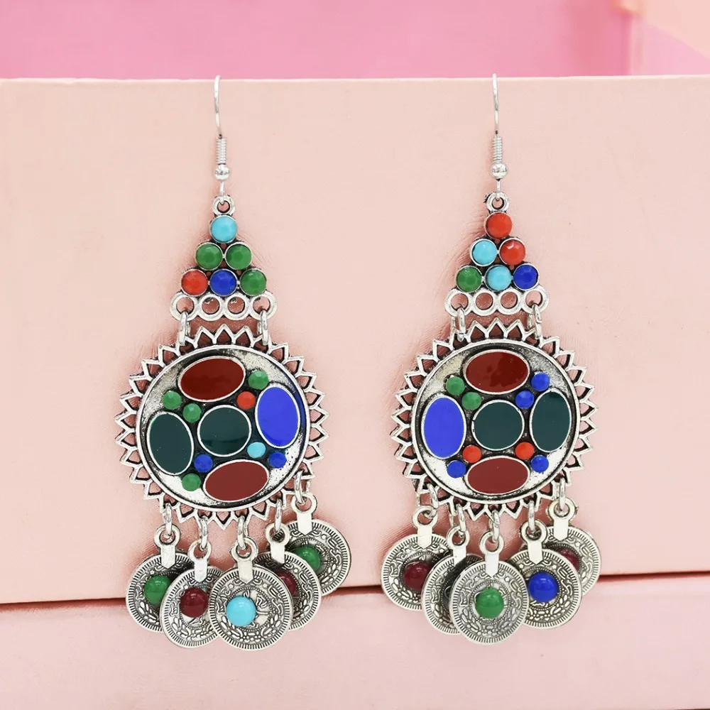 ЭТНИЧЕСКИЕ СЕРЕБРЯНЫЕ Афган Монета Длинные кисточкой бисером падение Jhumka индийские серьги для женщин Бохо Свадьба окисленный Цыганский турецкий ювелирные изделия