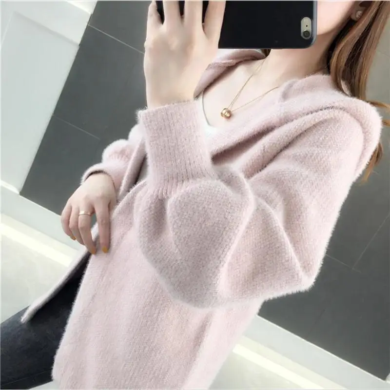 pink Новинка, женский осенне-зимний кашемировый кардиган с имитацией норки, женский кардиган с длинным рукавом и капюшоном, теплый повседневный вязаный свитер, N177 - Цвет: pink