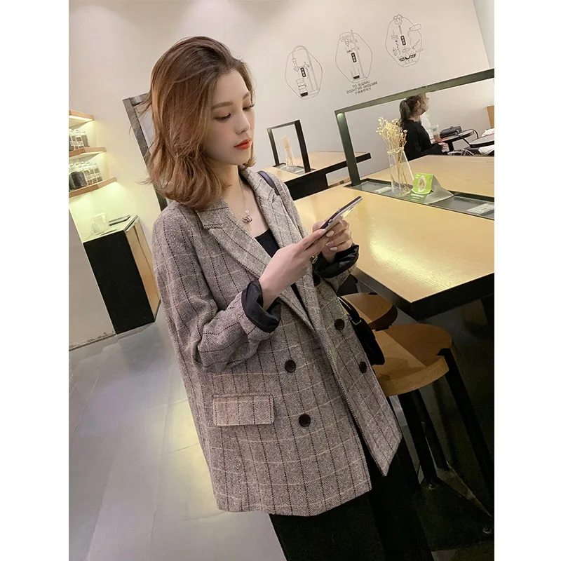 

2019 Spring New Style Retro British Style Double Breasted Grid Red Small Suit Women's CHIC Slim Fit Casual Coat