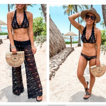 

Beach Sexy Lace V-neck Halter Bikini Perspective Set Three-Piece Set