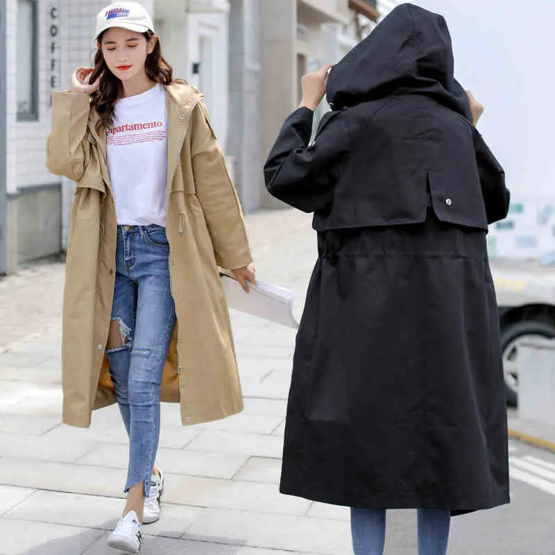 

2019 New Hooded Windbreaker Long Section Middle School Students Spring Autumn Wild Chic Loose Jacket Female Casual Outwear f1626