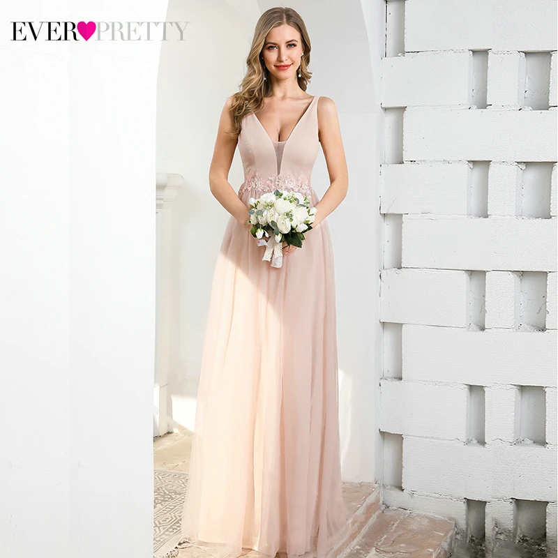 Pink Prom Dresses Ever Pretty EP00780PK Appliques A-Line Deep V-Neck Sleeveless Elegant Gala Dresses For Party Vestido Formatura