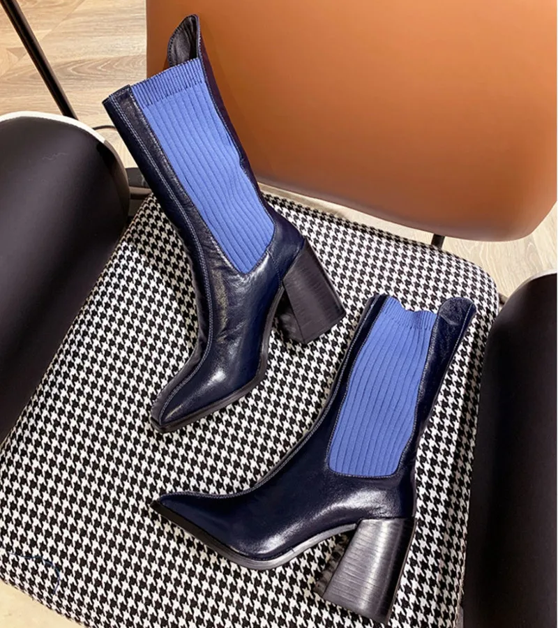 Knsvvli Chunky High Heels Knitting Stretch Boots Woman Mixed Color Runway Short Boots Leather Patchwork Sock Boots Women