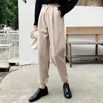 

2019 Autumn Winter Women Pants High Waist Wide Leg Casual Pockets Plus size Loose Woolen Warm Banana Trousers P7729
