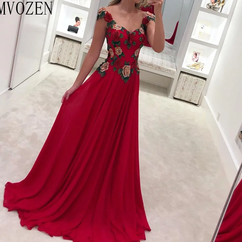 Red Evening Dresses Long Square Neck Sleeveless Lace Appliques Chiffon