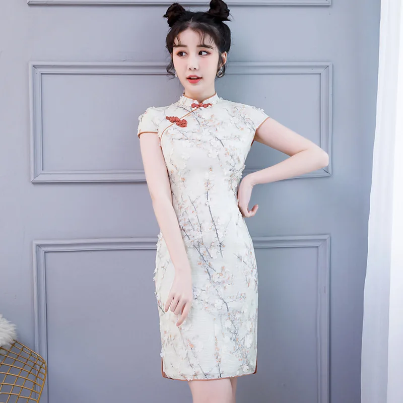 

2020 Rushed Women's Wear 2020 Summer New Fashion Girl's Improved Order Flower Lace Splicing Cheongsam Collar Waist Down Dress