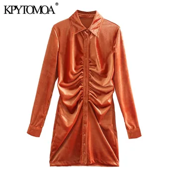 KPYTOMOA-Vestidos aterciopelados plisados de manga larga para Mujer, minivestido Vintage con botones, 2020