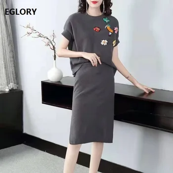 

High Quality Sweater Suits 2019 Autumn Winter Two Piece Set Women Beading Flowers Pullover+Mid-Calf Knitted Skirt Set Female