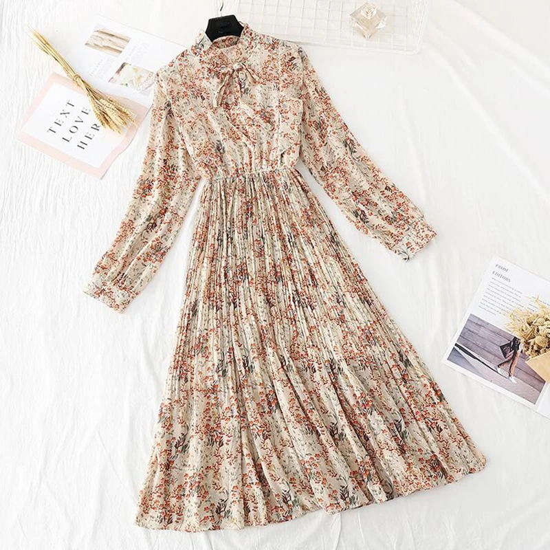 Women Chiffon Dress 2020 Spring Summer New Fashion Female Long Sleeve Printed Casual Pleated