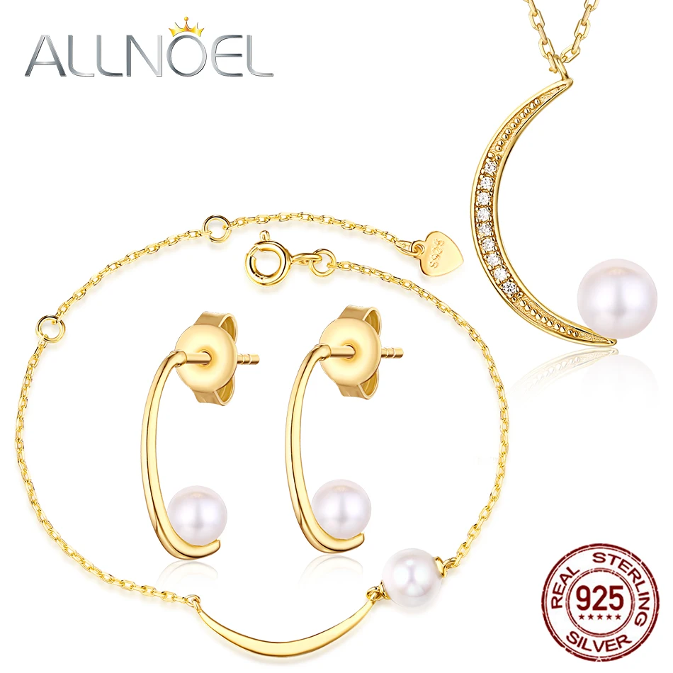 ALLNOEL, 925 пробы, серебро, тонкая форма Луны, с глянцевым жемчугом, золотой цвет, ожерелье, браслет, серьги, ювелирные наборы для женщин
