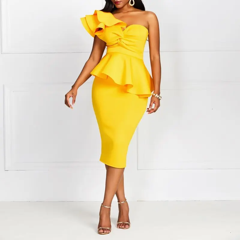 

Yellow One Shoulder Mid Calf Party Dress Plus Size 2XL Solid Oblique Collar Ruffle Slim Bodycon Elegant Dress European Party