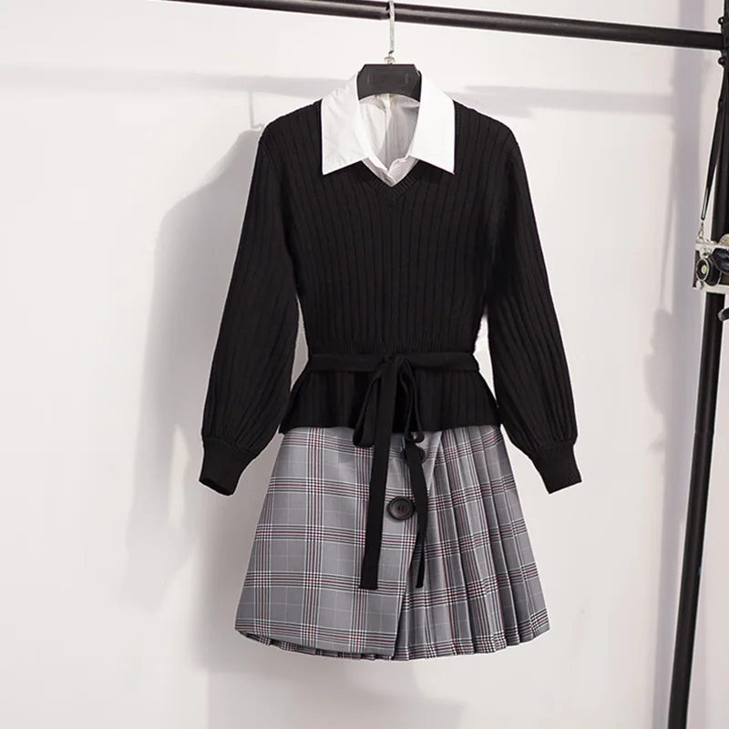 

Autumn & Winter Large Size Dress Large GIRL'S Fashion Shirt Sweater Skirt Three-piece Set Chubby Mm Suitable of Set