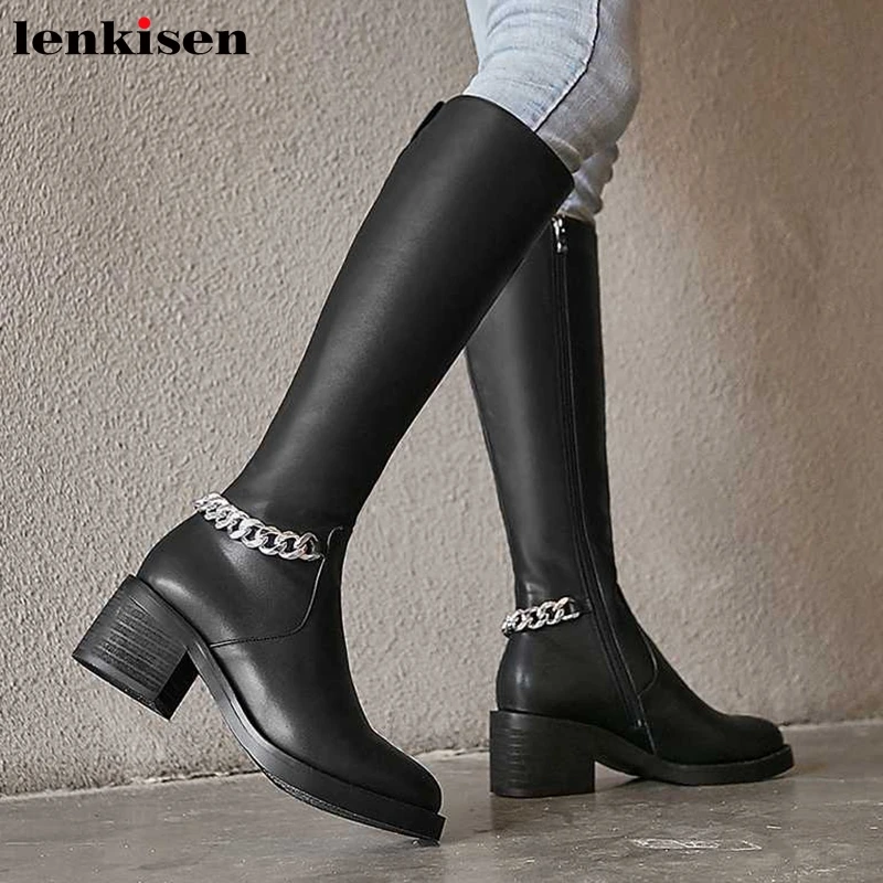 

Lenkisen big size metal chains decorations cow leather round toe high heels winter keep warm women zipper knee high boots L77