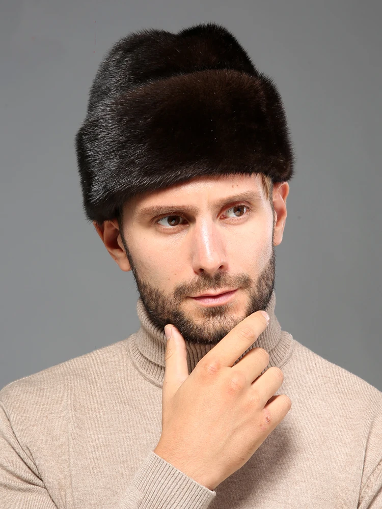 Настоящая цельная норковая меховая русская шапка для мужчин, Зимняя Теплая Шапка-бини для активного отдыха, черная, коричневая