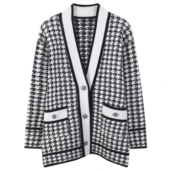 

Runway Vintage Plaid Women Knitted Cardigan Sweater Single Breasted Female Houndstooth Sweater Coat V-neck Office Ladies Outwear