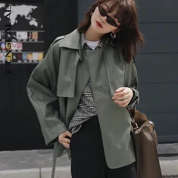 

SHENGPALAE 2020 PU New Products Fashion Solid Color Lapels Tie Long Loose Casual Leather Jacket PA500