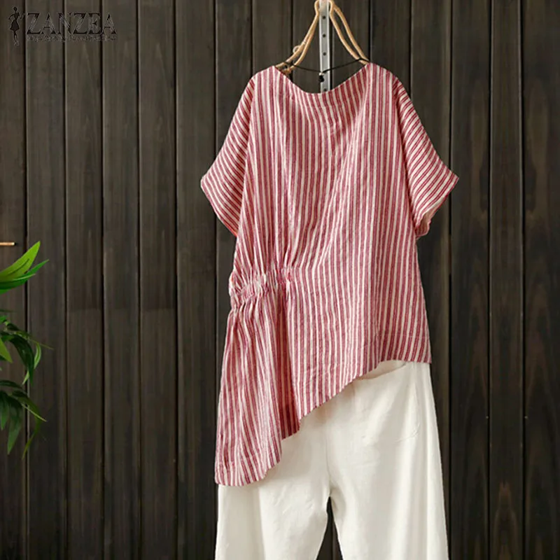  Elegant Striped Shirts Women's Summer Blouse 2019 ZANZEA Casual Asymmetrical Blsuas Female Elastic 