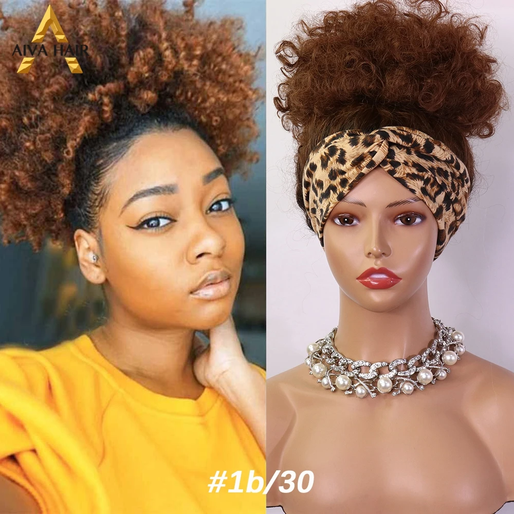 Blonde Synthetic Short Wig Afro Kinky Curly High Ponytail Puff Wig With Headband Aiva Cosplay