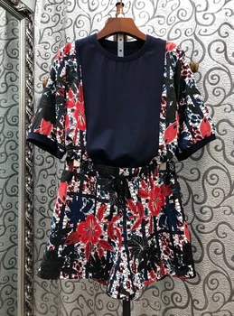 

2020 Spring and Summer New Women's round Neck Embroidery Printing Color Matching Short-Sleeved Top Printed Shorts Set 623