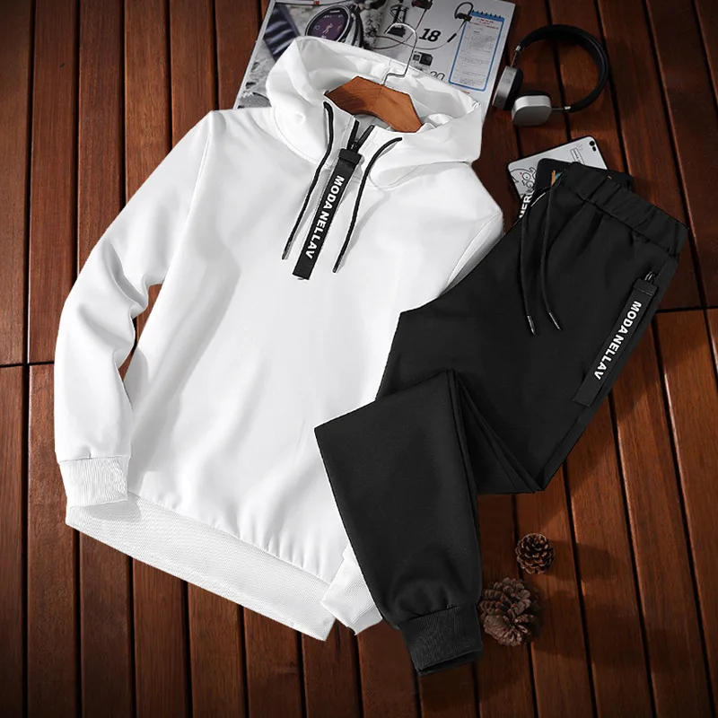 

Cross Border for Spring And Autumn Fashion Korean-style Solid Color Simple Casual Slim Fit Hooded Pullover Hoodie Suit Two-Piece