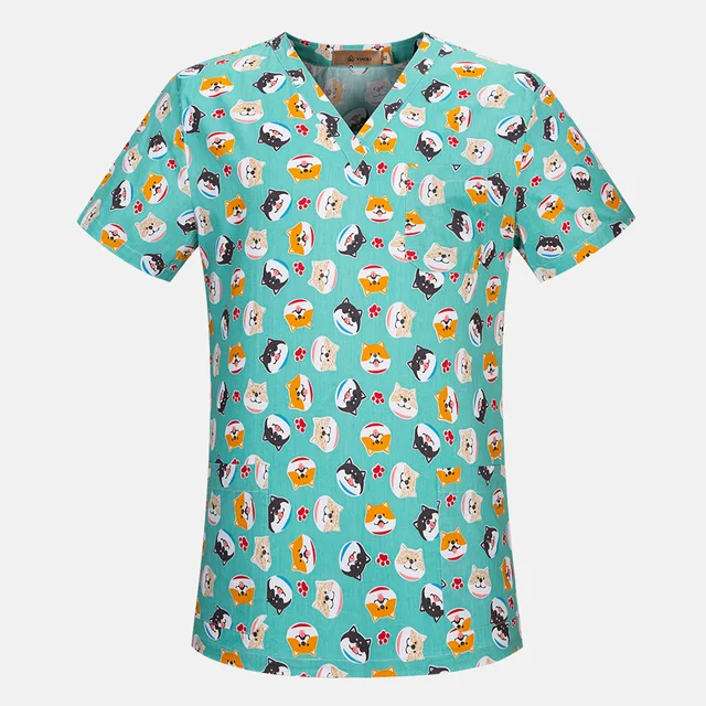 viaoli Cotton Cartoon print spa uniform beauty salon Pet shop uniform Fashion Slim Fit top scrub clothes women scrubs lab coat top520012