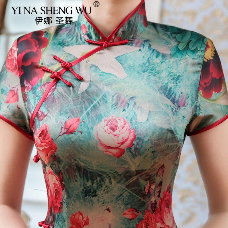 Новые китайские традиционные костюмы Cheongsam женское атласное облегающее платье короткий рукав тонкий qipao печати Сплит соблазнительное кимоно женское платье