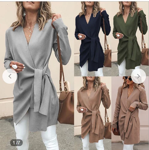 Autumn And Winter New Style WOMEN'S Dress Solid Color Wool V-neck of Belt Mid-length Casual Small Coat