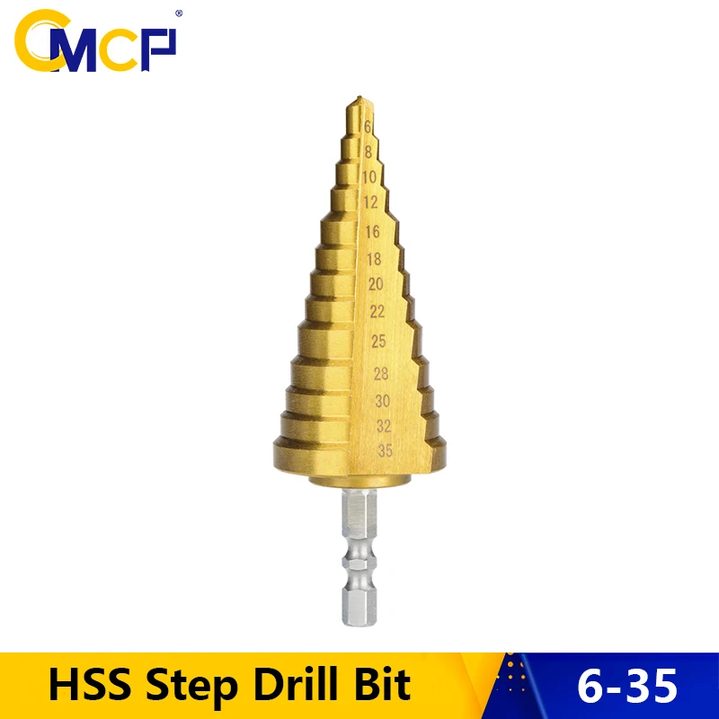 CMCP Step Cone Drill 4-22 6-35mm Step Drill Bit Hex Shank Titanium Coated Cone Drilling Tool HSS Steel Wood Metal Hole Cutter 5 35mm metric hss for titanium coated step drill bit for wood metal hole drilling tool round shank dropship