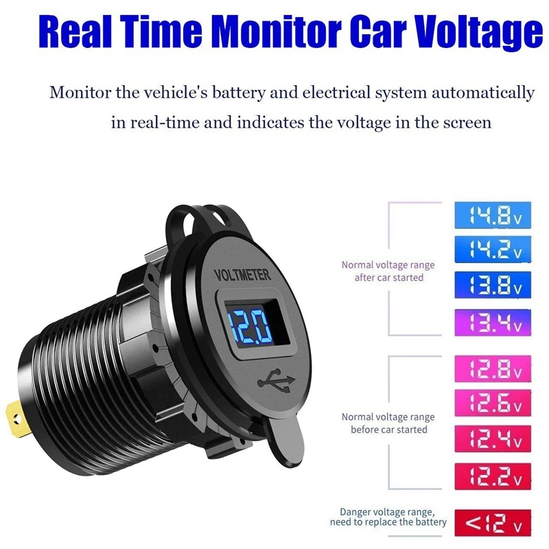 Quick Charge 3.0 Dual USB Charger Socket, Waterproof Aluminum Power Outlet Fast Charge with LED Voltmeter& Wire Fuse DIY Kit fo