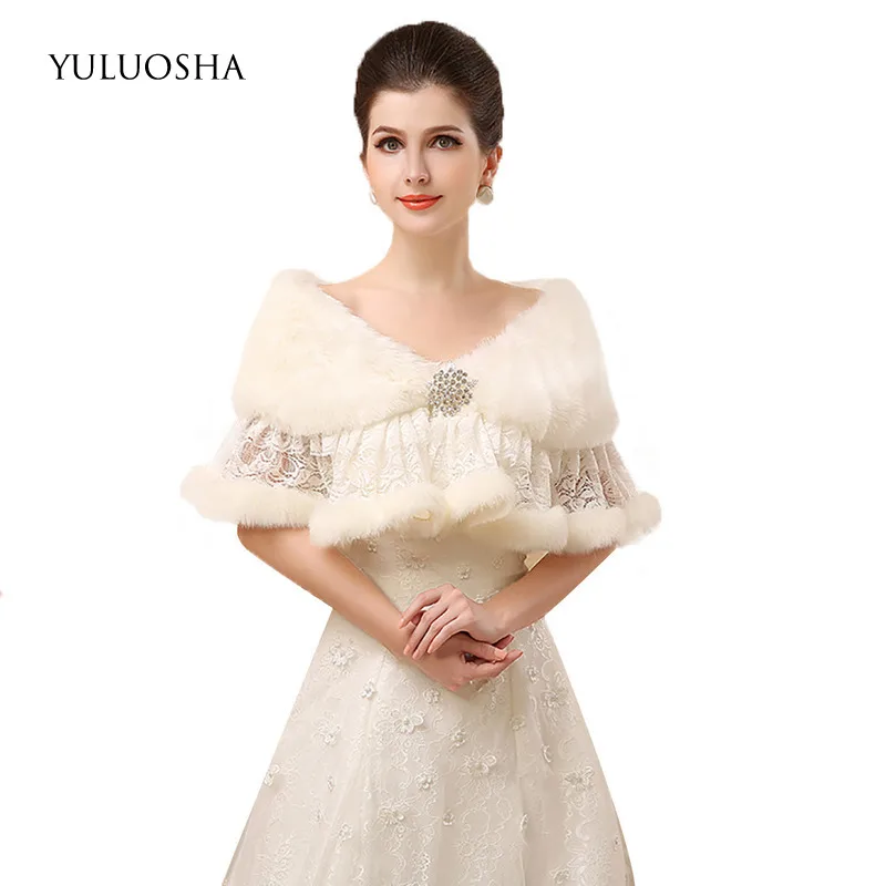 

YULUOSHA Winter New Lace Plush Warm Shawl Bride Wedding Dress Imitation Rabbit Fur Coat Faux Fur Feather Robe Bridal Cape