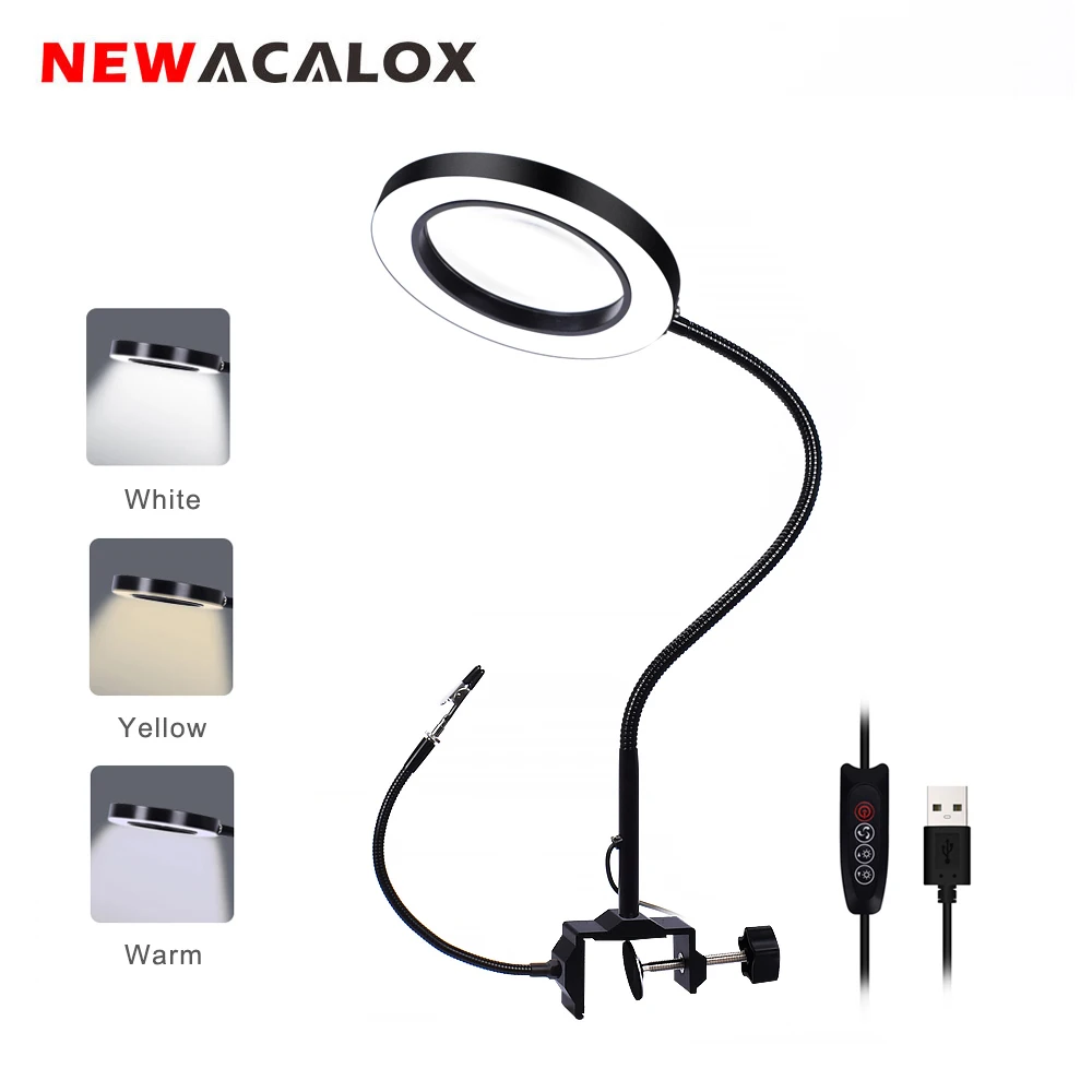 NEWACALOX Flexible Table Clamp Large Illuminated Magnifier Soldering Iron Holder 5X Magnifying Glass with LED Light Third Hand