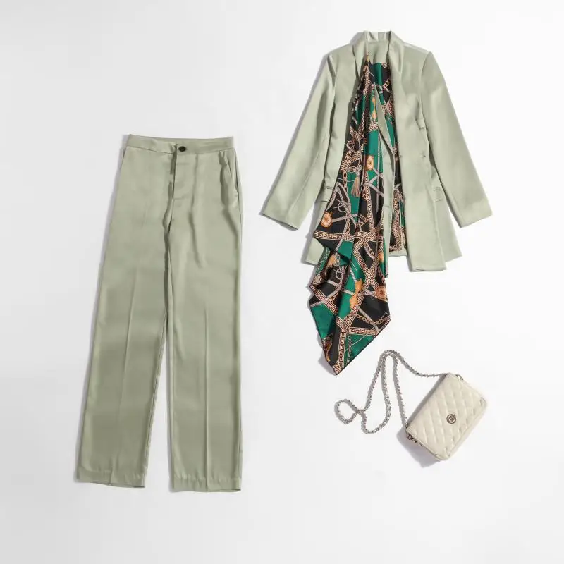 

2020 New Style Western Style Sense of Design Silk Scarves Commuting Suit Jacket Straight-leg Pants Fashion Set Suit Two-Piece Wo