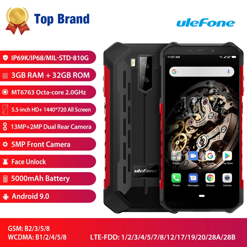 Ulefone Armor X5 ip68 Rugged Smartphone Android 9.0 Shockproof Telephone Superbattery Cell Phone 3+32G Unlocked Mobile Phone