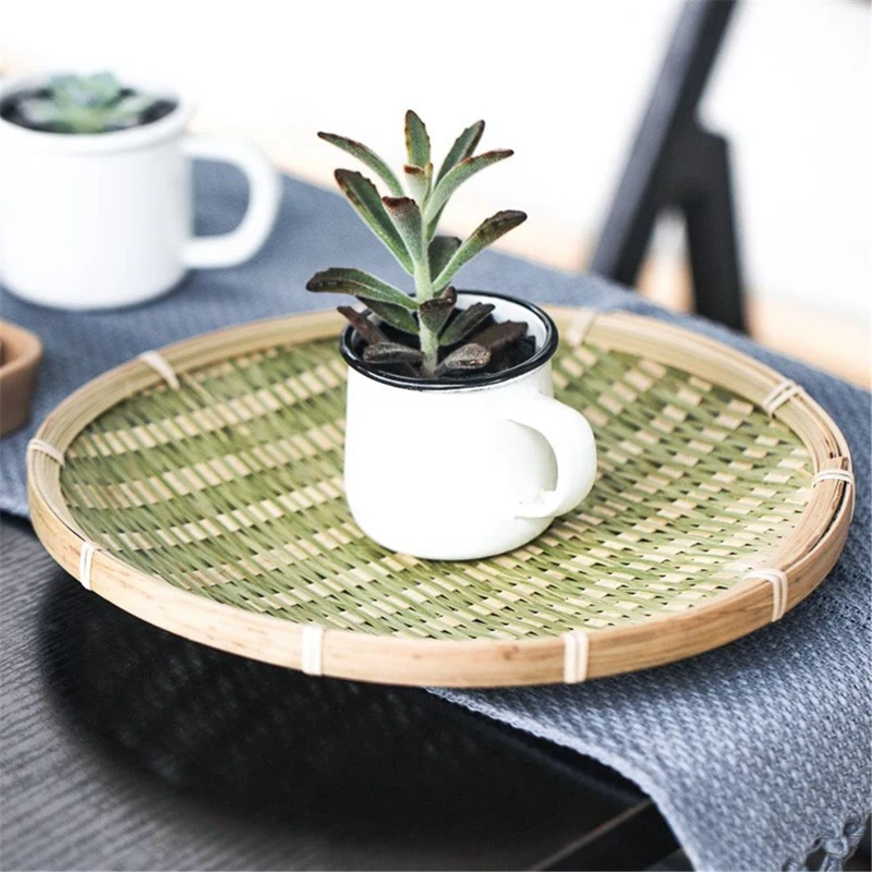 2 Pcs Bamboo Fruit Plate Handmade Storage Tray Hand Knitted Bread Basket Food Fruit Basket Hotel Restaurant Dining Tray, Oval Sh