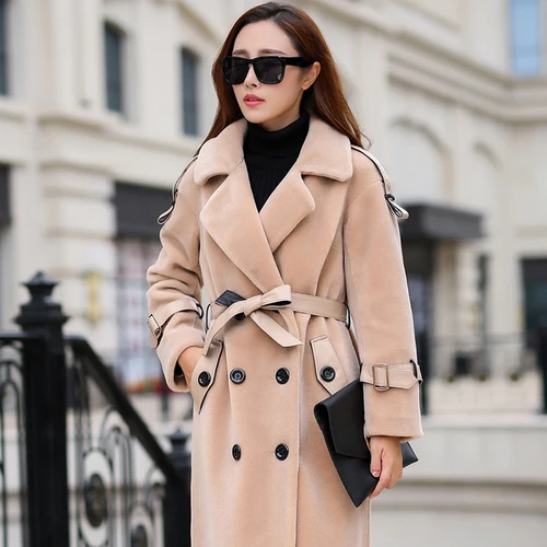 Пальто с натуральным мехом женская одежда Длинная зимняя куртка из овечьей шерсти меховые пальто и куртки для женщин Корейское манто Femme 88562 - Цвет: Khaki